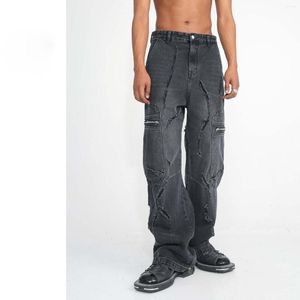 Mäns jeans 2023 Löst rak dragkedja hiphop-overaller stora fickor i brett ben