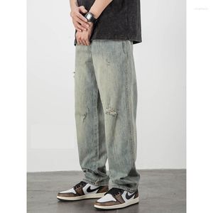 Men's Jeans Hip Hop Vintage Grey Oversized Baggy Crack Calf Length Pants Gothic Wide Trousers Y2K