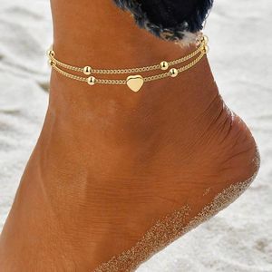 Anklets hjärta för kvinnor flickor rostfritt stål strand sommar enkel fot smycken pärla ankel armband silver/guld boll