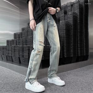 Jeans masculino estilo europeu e americano rasgado calça jeans vintage 2023 masculino casual calça reta masculina streetwear C233