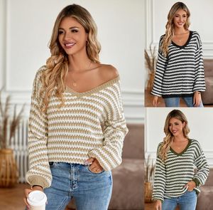 Women's Sweaters 2023 Winter Casual Women's Top V-neck Loose Stripe Long Sleeve Sweater Fashion Women's Knitted Sweater Top
