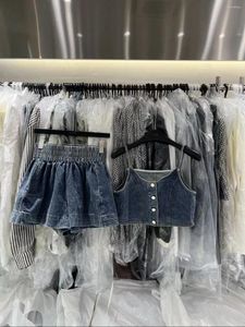 Agasalhos femininos 2023 verão feminino saias terno retrô fino denim camisola colete causal shorts de perna larga doce picante conjunto de duas peças