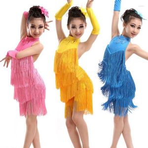 Bühnenkleidung Mädchen-Tanzkleid mit soliden Quasten, lateinamerikanisches Salsa-Partykostüm, Performance-Outfit für 4–11 Jahre
