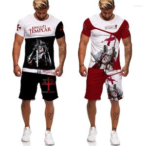 Męskie dresy letni rycerz templar 3D T-shirt/szorty/garnitur fajny krótki rękaw 2-częściowy zestaw średniowieczny pancerz święty cosplay cosplay