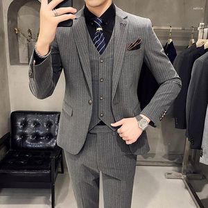 Men's Suits (Jacket Vest Pants) Formal Suit England 3-piece Wedding Fall Men Business Striped Luxury Slim Dress