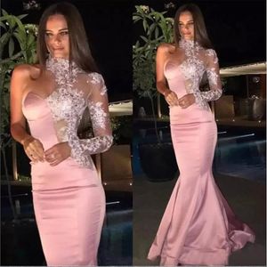 Vestidos de Noite Formais Rosa Sereia Rosa Renda Gola Alta Transparente Um Ombro Manga Longa Vestido de Baile Personalizado Tapete Vermelho Vestido de Celebridades