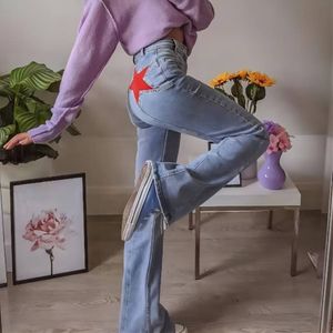 Women's Jeans Fashion Retro Five Pointed Star Zipper Fly Straight Sping Summer Slim Fit Leg Length Denim Pants Trousers