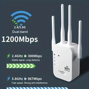 US Plug, WiFi Extender, WiFi Booster 6X Stronger 1200Mbps WiFi 2.4&5GHz Dual Band(8500sq.ft), WiFi Signal Strong Penetrability 35 Devices 4 Modes 1-Tap Setup