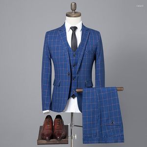 Ternos masculinos Blazers Calças Colete Conjuntos / 2023 Primavera Outono Moda Casual Negócios Xadrez 3 Peças Terno Jaqueta Casaco Calças