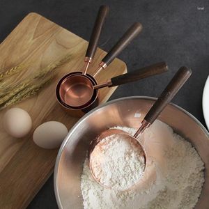 Bakeware Tools 4/8Pcs Stainless Steel Rose Gold Measuring Cups And Spoon Scoop Set Wooden Handle Kitchen Tool For Baking BU