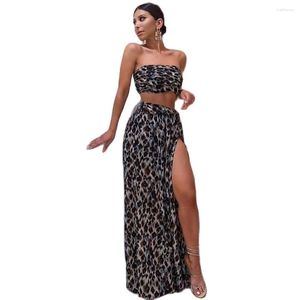 Work Dresses Sexy Backless Maxi Prom Suit High Slit Women Tube Top Vest With Skirts Summer Leopard Trendy Clothing Long Dress