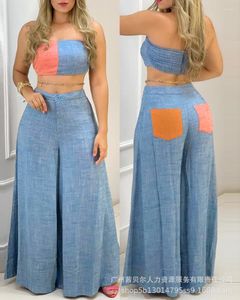 Frauen Zweiteilige Hosen Colorblock Bandeau Raffen Top Breite Bein Set Frauen 2 stücke Kleiden Anzug Frühling Sommer Trägerlosen tops Lose