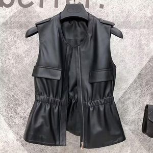 Women's Leather Genuine Vest For Women In Outerwears Whole Chic Skin Sleeveless Jacket Female Square Buckle 2023 With Waistbelt