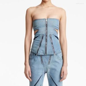 Women's T Shirts High End Fashion Vintage Style Cut Out Denim Corset Tank Top Sexy Sleeveless Straight Neck Y2k Clothes Cowboy Wrap Chest