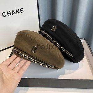 Cappelli a tesa avara New Chain Beret Hat per donna Cap Winter Retro Brown Blk Artist Flat Fashion Lady Girls Vintage Cap Star Style J230802