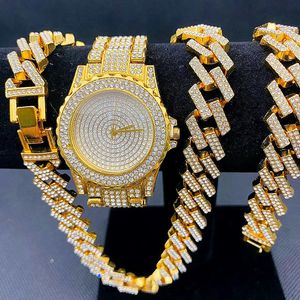 Relógios de pulso de luxo relógio masculino feminino conjunto de joias geladas colares pulseira bling diamante miama cubano elo corrente ouro relógios 230802