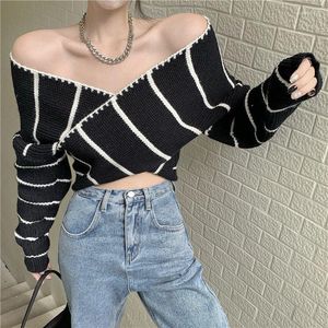 Kadın Sweaters Off Omuz Çizgili Kazak Kadınlar Vintage Seksi Eğik Boyun Örme Mahsul Üst Uzun Kollu Y2K Sokak Giyin