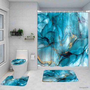 Mattor blå marmor duschdraperi set konst abstrakt målad modern badrumsdekor badmatta piedestal matta icke-halk mattor toalettlock täcker R230802