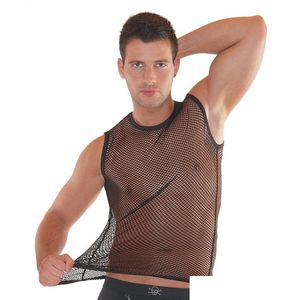 T-shirt da uomo Mens M-2Xl Summer Style Fashion Fish Tle Net Tanks Men Y Lingerie Fitness Tops Tees Night Club Plus Size Senza maniche Bla Dhxoy