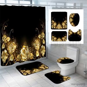 Carpets Black Luxury Golden Rose Waterproof Shower Curtain Set Toilet Cover Mat Non slip Bath Rugs Home Bathroom Carpet Christmas Decor R230802