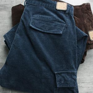 Calças masculinas 2023 outono e inverno veludo cotelê moda casual japonês retrô grosso elástico lavado velho solto ferramentas de bolso