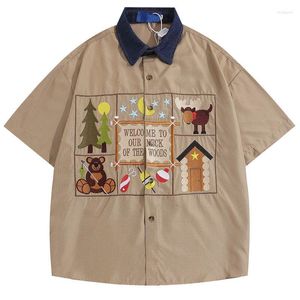 Men's T Shirts CHICVOY Plaid Shirt Summer Y2K Embroidery Cartoon Star Bear Short Sleeve Button Up Oversize Hip Hop Harajuku Loose Chic