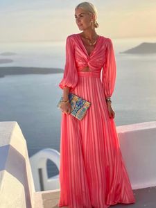 Casual Dresses Elegant Fashion Twisted Breast Dress Spring/Autumn Women High midja Lantern Sleeve Long Party Resort Maxi A1931