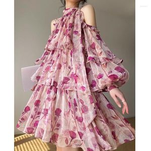 Casual Dresses 2023 Summer Floral Mini Dress Beach Style Woman Hollow Out Long Sleeve Short Party Elegant Korean Female