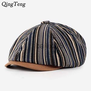 Cappelli a tesa avara 2020 Autunno New Stripes Berretto Cappelli Uomo Casual Vintage Berretti da strillone All-Match Swag Cappello ottagonale Cappello da zucca da donna J230802