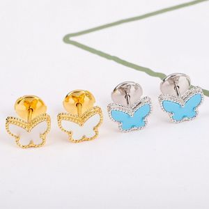 Stud 925 Pure Silver White Fritillaria Blue Turquoise Mini Butterfly Kolczyki Women Mash Mash