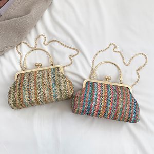 Akşam çantaları yaz saman çantası kadınlar için el yapımı dokuma satchel moda hasp top bandle el çantaları renkli zincir katı messenger 2023 230801