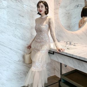 Casual Dresses 2023Women Sexy Long-Sleeved Sequined Mesh Skirt Lady Evening Prom Party Bodycon Cake Ruffle