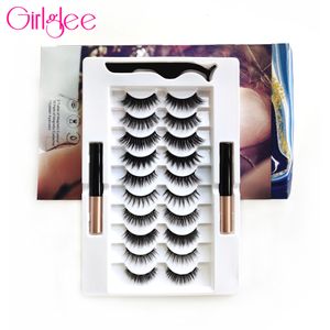 Falska ögonfransar Magnet Set 3D Mink Lashes 5 Magnet With Eyeliner Waterproof Natural Girlglee Makeup Tools 230801