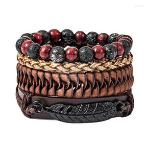 Charm Armbänder Vintage Lederarmband für Männer Legierung Blatt Schwarze Feder Rindsleder Mehrschichtige einfache gewebte Handverzierung