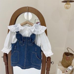 Conjuntos de roupas verão bebê meninas jeans suspensório babados vestido primavera outono casual crianças macacão saia roupas