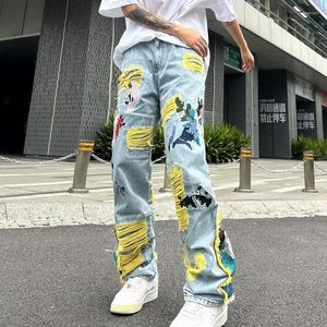 Jeans masculino 2023 Streetwear masculino estiloso hip hop com patch rasgado calça justa casual jeans reta