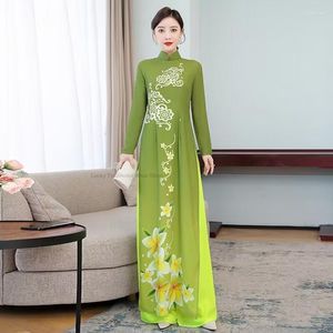 Ethnic Clothing Vietnamese Aodai Dress For Women Traditional Chinese Style Vintage Elegant Qipao Top Pants Sets Asian Chiffon