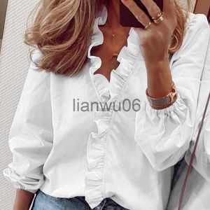 Women's Blouses Shirts Elegant White Ruffle Blouse Shirts Women Autumn Spring Long Sleeve VNeck Pullover Tops Office Lady Casual Plain Plus Size blusa J230802