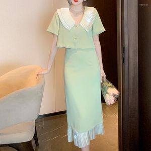 Two Piece Dress Summer Set Women Pleated Collar Short Sleeve Jacket Small Coat Pencil Skirt Suits Korean Elegant OL 2 Sets