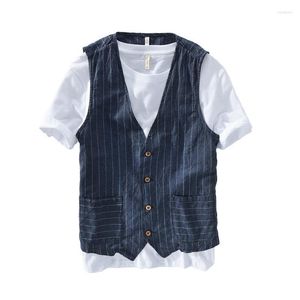 Men's Vests British Fashion Workwear Cotton Linen Vest Versatile Casual Shirt Long Sleeve Striped Coat