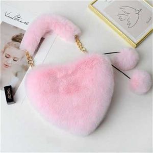 Barbiecoress 21 net Red Imitation Rex Rabbit Pelúcia bolsa feminina em forma de coração Pelúcia amor cadeia portátil outono e inverno pêssego coração bolsa cosmética 230802