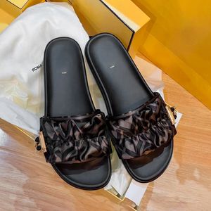 Mulher homens luxo chinelo designer slide f letra sedoso marrom sapatos de cetim ouro rolha cordão verão meninas praia sandália plana