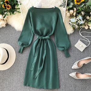 Casual Dresses YuooMuoo Good Quality Comfy Elegant Knitted Sweater Women Dress 2023 Ladies Bandage Party Autumn Green Midi Vestidos