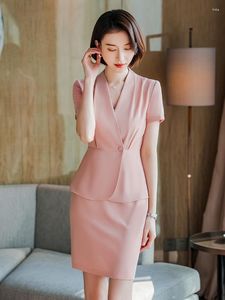 Vestido de duas peças moda verão blazer rosa feminino ternos de negócios saia e jaqueta conjunto senhoras roupas de trabalho estilo de design de uniforme de escritório