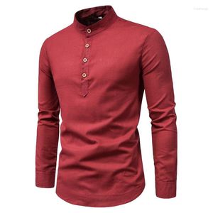 Camisas casuais masculinas verão moda fina sólida manga longa negócios gola alta linho de algodão para homens blusas tops