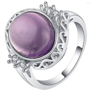 Anelli a grappolo Anello da sposa color argento di moda di lusso per le donne con distribuzione di gioielli da sposa in cristallo di zirconi rotondi viola pavimentati