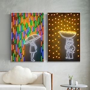 Banksy Art Canvas Painting Money Rain Neon Umbrella Girl Abstract Poster Wall Art Picture Living Room Home Decoration Frameless w06