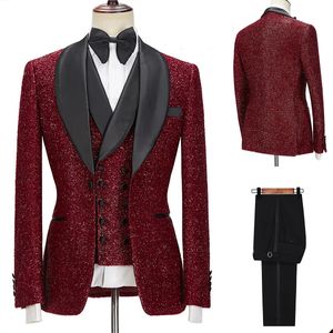 Burgundy Groom's Wedding Tuxedos Beaded Shawl Lapel Mens Suit 3 Pieces For Male Fashion Business Blazer Customize