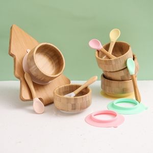 Cups Dishes Utensils Customizable 2Pcs Baby Wooden Feeding Bowl With Suction Cup BPA Free Silicone Spoon Set DIY Accessories 230802