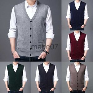 Blusas masculinas de lã misturada colete suéter sem manga botão malha casaco para homens cardigã decote em v cor sólida outwear inverno quente tops suéter j230802